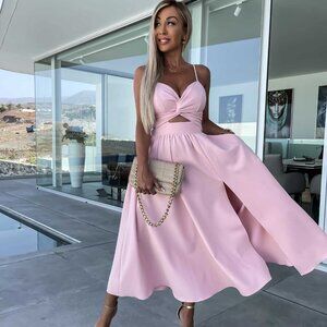 2/$40 Pink Cut-Out Midi Dress Slit Fit and Flare Pleated Sleeveless Summer Party
